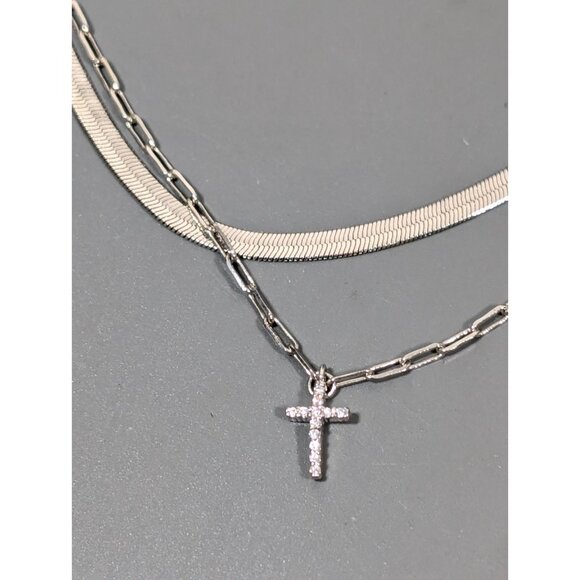 Silver Tone Herringbone Chain Layered Dainty Cross Charm Necklace 16 in - Picture 2 of 7